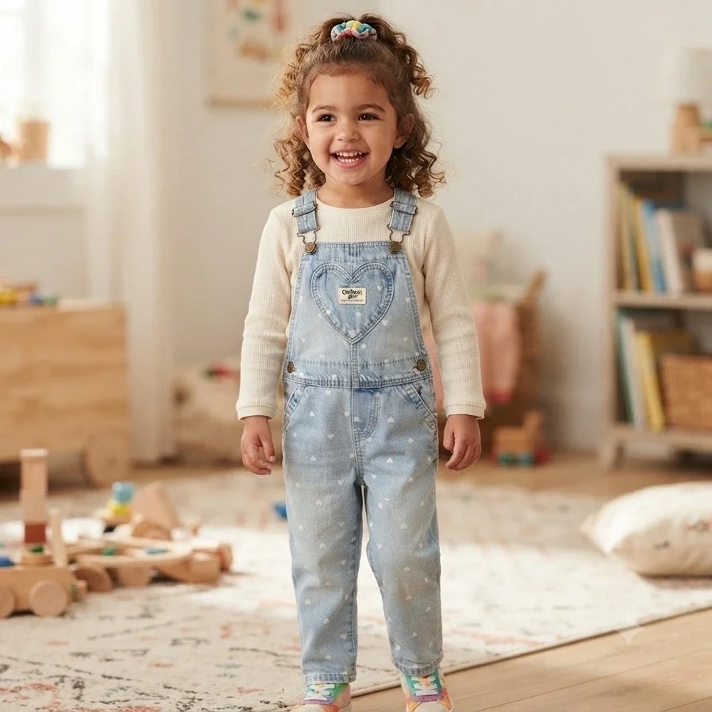 OshKosh Bgosh Toddler Girls Size 4T Denim Overalls Pink Heart Print Bibs Play